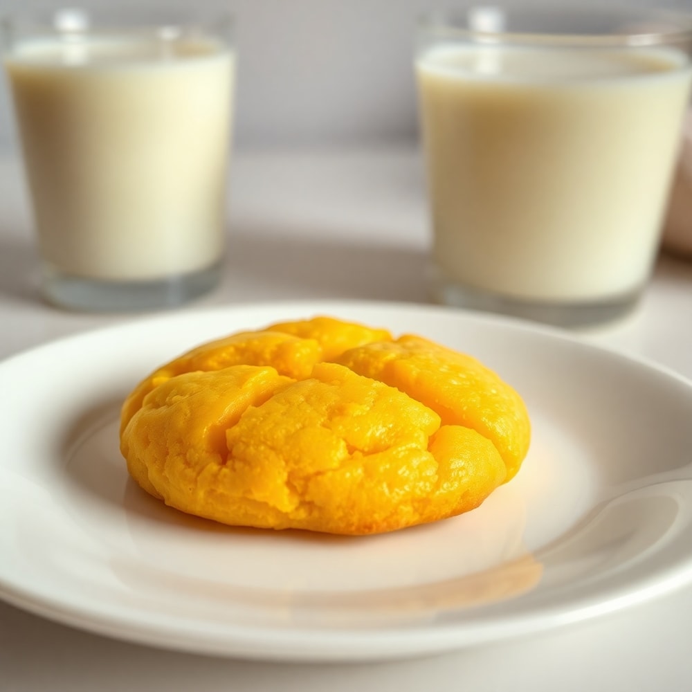 Plated tropical mango cookie with a glass of milk
