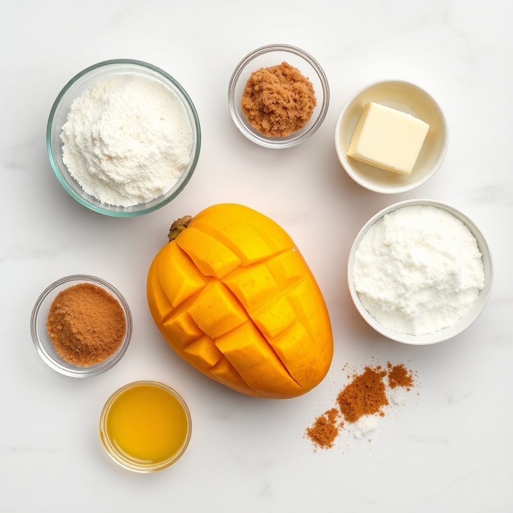 Raw ingredients for tropical mango cookies on a marble surface